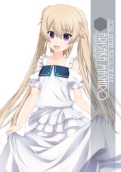 Rule 34 | 1girl, ao no kanata no four rhythm, arisaka mashiro, artist name, blonde hair, character name, commission, copyright name, dress, frilled dress, frills, highres, inaba shiki, open mouth, purple eyes, skeb commission, skirt hold, smile, solo, twintails, white dress