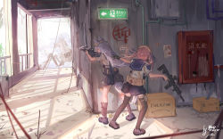 Rule 34 | 2girls, aiming, animal ears, assault rifle, belt pouch, black gloves, black legwear, bow, box, brand name imitation, bullet casing, cardboard box, commentary request, emergency exit, exit sign, from behind, full body, gloves, gun, hair bow, hair ribbon, highres, holding, holding weapon, knife, liwendala, long hair, multiple girls, original, pink hair, pleated skirt, pouch, profanity, ribbon, rifle, robot, scenery, school uniform, serafuku, sheath, sheathed knife, signature, silver hair, skirt, tail, thighhighs, trigger discipline, twintails, weapon, wolf ears, wolf girl, wolf tail, zettai ryouiki