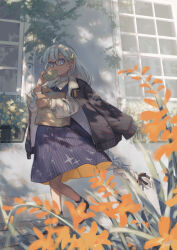 Rule 34 | 1girl, absurdres, ahoge, bag, bespectacled, black jacket, blue dress, bracelet, bread, collared dress, dappled sunlight, day, dress, eating, flower, food, from side, full body, fur-trimmed jacket, fur trim, glasses, highres, holding, holding bag, holding food, jacket, jacket on shoulders, jewelry, kizuna akari, kyo mizusawa, long hair, long sleeves, looking at viewer, looking to the side, low-braided long hair, low-tied long hair, melon bread, official alternate costume, open mouth, orange flower, outdoors, paper bag, pinafore dress, pinstripe dress, pinstripe pattern, plant, planter, puffy long sleeves, puffy sleeves, shade, shirt under dress, shoes, sleeveless, sleeveless dress, solo, sunlight, vines, vocaloid, voiceroid, walking, white hair, window