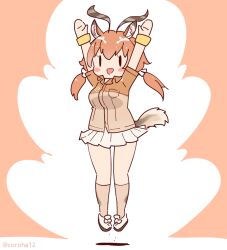 Rule 34 | 1girl, animal ears, arms up, brown hair, coroha, extra ears, full body, horns, impala (kemono friends), jumping, kemono friends, kemono friends 3, long hair, looking at viewer, pink background, ribbon, shirt, shoes, simple background, skirt, socks, solo, tail, twintails