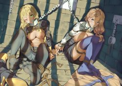 Rule 34 | 2girls, bdsm, blonde hair, blue eyes, bondage, boots, bound, bound wrists, captured, chain, cleave gag, cloth gag, collar, cuffs, dungeon, feet, female focus, fire emblem, fire emblem: three houses, gag, gagged, gorudazo, green eyes, high heel boots, high heels, highres, improvised gag, ingrid brandl galatea, leash, long hair, looking at viewer, mercedes von martritz, multiple girls, nintendo, nipples, pantyhose, rope, scared, shoe soles, slave, soles, thighhighs, toes