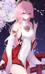 Rule 34 | 1girl, absurdres, animal ears, breasts, cherry blossoms, commentary, detached sleeves, earrings, floppy ears, fox ears, fox shadow puppet, genshin impact, high collar, highres, japanese clothes, jewelry, long hair, long sleeves, looking at viewer, medium breasts, miko, moon, nontraditional miko, parted lips, pink hair, pisuke (user kcmh2774), purple eyes, signature, sky, smile, solo, star (sky), starry sky, wide sleeves, yae miko
