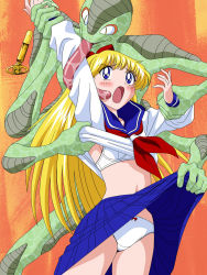 Rule 34 | 1990s (style), 1girl, 1other, aino minako, bishoujo senshi sailor moon, blonde hair, blue eyes, blush, bow, bow panties, bra, breasts, clothes lift, crotch seam, g-nose, highres, lifting another&#039;s clothes, long hair, long tongue, monster, open mouth, panties, rape, retro artstyle, sailor venus, school uniform, shirt lift, skirt, skirt lift, small breasts, tongue, tongue out, underwear, very long hair, white bra, white panties