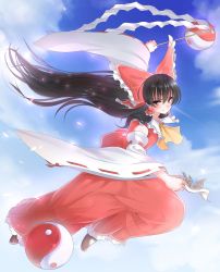 Rule 34 | &gt;:), 1girl, ascot, bad id, bad pixiv id, black hair, blush, bow, brown eyes, closed mouth, detached sleeves, floating hair, flying, from side, full body, gohei, hair between eyes, hair bow, hair tubes, hakama, hakama skirt, hakurei reimu, highres, japanese clothes, koro (tyunnkoro0902), long hair, long sleeves, looking at viewer, looking to the side, miko, nontraditional miko, ofuda, oonusa, orb, red bow, red shirt, ribbon-trimmed sleeves, ribbon trim, shirt, sidelocks, skirt, sleeveless, sleeveless shirt, smile, solo, touhou, v-shaped eyebrows, very long hair, wide sleeves, yin yang, yin yang orb