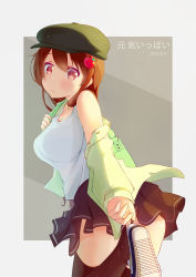 Rule 34 | 1girl, ass, bag, black skirt, black thighhighs, brown eyes, brown hair, cabbie hat, convenient leg, dated, food-themed hair ornament, frown, grey background, hair ornament, handbag, hat, highres, looking at viewer, no panties, original, shoes, skirt, solo, standing, standing on one leg, thighhighs, zongmao