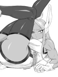 Rule 34 | 1girl, :/, animal ears, artist name, bare shoulders, boku no hero academia, breasts, clothing cutout, crescent print, dark-skinned female, dark skin, feet out of frame, fur collar, gloves, greyscale, highleg, highleg leotard, highres, honexstage, large breasts, legs up, leotard, long eyelashes, long hair, looking at viewer, lying, mirko, monochrome, on back, parted bangs, rabbit ears, rabbit girl, rabbit tail, raised eyebrow, sleeveless turtleneck leotard, solo, tail, tail through clothes, thick thighs, thighhighs, thighs, toned, uneven eyes