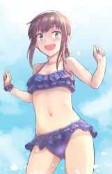 Rule 34 | 1girl, bikini, blue bikini, blue sky, blush, breasts, brown hair, chaigidhiell, cloud, collarbone, commentary, cowboy shot, day, frilled bikini, frills, fubuki (kancolle), gluteal fold, green eyes, highres, kantai collection, looking at viewer, low ponytail, navel, open mouth, outdoors, polka dot, polka dot bikini, ponytail, scrunchie, short ponytail, sidelocks, sky, small breasts, smile, solo, standing, swimsuit, water, wrist scrunchie