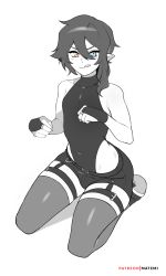 Rule 34 | 1girl, artist name, bridal gauntlets, commentary, covered navel, english commentary, full body, greyscale, hair between eyes, highres, kneeling, leotard, looking at viewer, matemi, monochrome, original, patreon username, pointy ears, shorts, sleeveless, solo, thighhighs, tongue, tongue out, watermark
