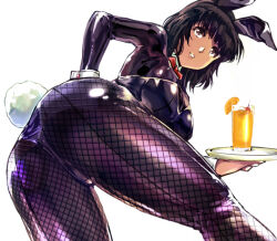 Rule 34 | 1girl, animal ears, ass, ball, bent over, black hair, black pantyhose, bodysuit, bow, bowtie, breasts, brown eyes, commentary request, fake animal ears, fishnet pantyhose, fishnets, food, fruit, holding, holding tray, juice, kamisimo 90, leotard, looking at viewer, medium breasts, original, pantyhose, parted lips, playboy bunny, rabbit ears, red bow, red bowtie, short hair, solo, tan, thighs, tray, wrist cuffs