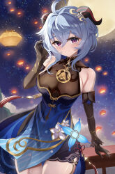 Rule 34 | 1girl, absurdres, ahoge, black gloves, blue dress, blue hair, breasts, commentary request, cowboy shot, detached sleeves, dress, ganyu (genshin impact), ganyu (twilight blossom) (genshin impact), genshin impact, gloves, highres, horns, large breasts, long hair, long sleeves, looking at viewer, moon, night, night sky, official alternate costume, outdoors, purple eyes, sky, sleeveless, sleeveless dress, smile, solo, standing, taguchi yuu, thighs