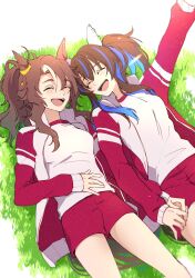 Rule 34 | 2girls, ^ ^, animal ears, arm up, blush, breasts, brown hair, closed eyes, daitaku helios (umamusume), facing another, grass, highres, holding hands, horse ears, horse girl, horse tail, jacket, long hair, long sleeves, lying, mejiro palmer (umamusume), mimi (usausamm5), multicolored hair, multiple girls, on back, open clothes, open jacket, open mouth, outstretched arm, ponytail, red jacket, red shorts, shirt, shorts, side ponytail, small breasts, smile, streaked hair, tail, tracen training uniform, two-tone hair, umamusume, white shirt