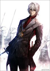 Rule 34 | 1boy, antonio salieri (fate), antonio salieri (second ascension) (fate), black border, border, closed mouth, commentary request, cowboy shot, dagger, fate/grand order, fate (series), grey hair, hair between eyes, hand in pocket, holding, jacket, jewelry, k-suwabe, knife, long sleeves, looking at viewer, necklace, pants, red eyes, red scarf, sanpaku, scarf, solo focus, stiletto (weapon), striped clothes, striped jacket, striped pants, twitter username, weapon