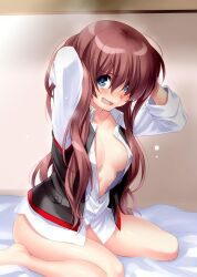 Rule 34 | 1girl, a-chan senpai, arms up, barefoot, black vest, blue eyes, blush, breasts, brown hair, collarbone, day, dress shirt, embarrassed, feet out of frame, hair down, indoors, little busters!, long hair, looking at viewer, medium breasts, nervous smile, no bra, nose blush, on bed, open clothes, open mouth, open shirt, shiny skin, shirt, shy, sidelocks, sitting, smile, solo, steaming body, sweat, thighs, upturned eyes, very long hair, vest, wariza, wavy hair, white shirt, zen (kamuro)