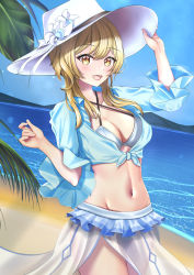 Rule 34 | 1girl, :d, arm up, beach, bikini, blonde hair, blue bikini, blue sky, breasts, cleavage, cowboy shot, dealesis, flower, genshin impact, hand on headwear, hat, hat flower, highres, horizon, long hair, lumine (genshin impact), md5 mismatch, medium breasts, navel, ocean, open mouth, palm tree, resolution mismatch, sarong, sky, smile, solo, source larger, swimsuit, tree, white flower, white hat, yellow eyes