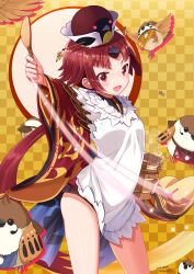 Rule 34 | 1girl, :d, animal, apron, bamboo steamer, benienma (fate), bird, black shorts, blush, brown hat, checkered background, commentary request, dated, drop shadow, eurasian tree sparrow, fate/grand order, fate (series), hat, highres, holding, japanese clothes, kimono, kuzumochi (kuzumochiya), long hair, long sleeves, looking at viewer, mini hat, open mouth, outstretched arm, parted bangs, red eyes, red hair, red kimono, rice, short shorts, shorts, signature, smile, solo, sparrow, standing, very long hair, white apron, wide sleeves