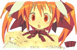 1girl :o animal_ears artist_name bare_shoulders bow breasts cleavage commentary_request di_gi_charat fbc hair_between_eyes hair_bow hand_up jaggy_lines large_breasts long_hair open_mouth orange_hair rabbit_ears red_bow red_eyes simple_background solo twintails upper_body usada_hikaru white_background