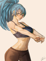 Rule 34 | 1girl, abs, blue eyes, blue hair, breasts, cleavage, earrings, gelldraws, highres, jewelry, large breasts, leona heidern, long hair, looking at viewer, midriff, muscular, muscular female, navel, pants, ponytail, simple background, solo, sweat, tank top, the king of fighters