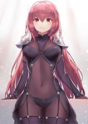 Rule 34 | 1girl, arm support, armor, bodysuit, breasts, closed mouth, covered navel, fate/grand order, fate (series), hair intakes, highres, large breasts, leotard, long hair, looking at viewer, pauldrons, purple bodysuit, purple hair, purple leotard, red eyes, reuri (tjux4555), scathach (fate), scathach (fate), shoulder armor, smile, solo, white background