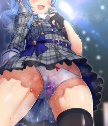 Rule 34 | 1girl, black gloves, black thighhighs, blue hair, blush, discreet vibrator, dress, from below, gloves, head out of frame, highres, holding, holding microphone, hololive, hoshimachi suisei, hoshimachi suisei (1st costume), microphone, open mouth, panties, partially fingerless gloves, pussy juice, sakanaya (sakanaya952), sex toy, smile, solo, sweat, textless version, thighhighs, underwear, vibrator, vibrator under clothes, vibrator under panties, virtual youtuber, white panties