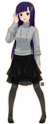 Rule 34 | 00s, 1girl, black pantyhose, black skirt, full body, jewelry, kannagi, loafers, looking at viewer, nagian, necklace, pantyhose, pendant, shoes, simple background, skirt, solo, standing, turtleneck, white background, zange