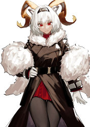 Rule 34 | 1girl, absurdres, animal ear fluff, animal ears, arknights, black coat, black pantyhose, carnelian (arknights), carnelian (hohenlohe chillysand) (arknights), chinese commentary, closed mouth, coat, commentary request, cowboy shot, dark-skinned female, dark skin, feather boa, fur collar, gloves, goat ears, goat horns, hand on own hip, highres, horns, long sleeves, looking at viewer, medium hair, official alternate costume, pantyhose, red eyes, red skirt, renxzd, simple background, skirt, solo, white background, white gloves, white hair