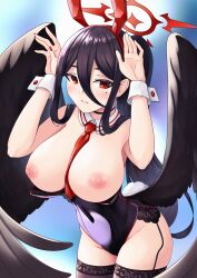 Rule 34 | 1girl, animal ears, bare shoulders, black hair, black wings, blue archive, blurry, blurry background, blush, breasts, breasts out, detached collar, fake animal ears, fake tail, garter belt, hair between eyes, halo, hands up, hasumi (blue archive), highres, large breasts, leotard, long hair, looking at viewer, mole, mole under eye, nail polish, necktie, nipples, pankeiki, parted lips, playboy bunny, rabbit ears, rabbit tail, red eyes, red nails, red necktie, solo, tail, thighhighs, wing collar, wings, wrist cuffs