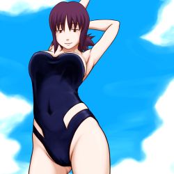 Rule 34 | 1girl, arm behind head, arm up, armpits, arms behind head, arms up, bare legs, black one-piece swimsuit, blue sky, breasts, brown eyes, cameltoe, closed mouth, cloud, covered navel, creatures (company), day, female focus, from below, game freak, groin, half-closed eyes, highres, kamisuki, large breasts, legs, leotard, looking at viewer, looking down, nintendo, one-piece swimsuit, philena ivy, pokemon, pokemon (anime), purple hair, short hair, sky, smile, solo, standing, strapless, strapless one-piece swimsuit, swimsuit