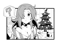 Rule 34 | 1girl, ?, alternate costume, breasts, choker, christmas tree, cleavage, eyepatch, greyscale, hair down, highres, indoors, large breasts, looking at viewer, monochrome, pechamaju, portrait (object), scar, skullgirls, solo, speech bubble, valentine (skullgirls)