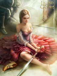 Rule 34 | 1boy, 1girl, armor, bare shoulders, barefoot, blonde hair, breasts, cleavage, collarbone, copyright name, curtains, detached sleeves, dress, fingernails, full body, gauntlets, genuflecting, gown, helmet, holding, holding sword, holding weapon, knight, legend of the cryptids, lips, looking away, marble (stone), marble floor, nail polish, on floor, pink nails, plate armor, red dress, reflection, see-through, shadow, shoes, unworn shoes, sitting, solo focus, stone floor, strapless, strapless dress, sunlight, sword, weapon, yuizoh
