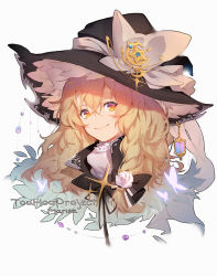 Rule 34 | 1girl, black bow, black hat, bow, braid, bug, butterfly, character name, closed mouth, copyright name, embellished costume, flower, glowing butterfly, hair between eyes, hair bow, hair flower, hair ornament, hat, hat ornament, hat ribbon, highres, insect, kirisame marisa, lantern, long hair, looking at viewer, looking back, multicolored eyes, orange eyes, pink eyes, pink flower, pink rose, ribbon, rose, side braid, simple background, smile, sola7764, solo, star (symbol), touhou, upper body, white background, white ribbon, witch hat