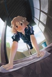 Rule 34 | 10s, 1girl, arm support, barefoot, blush, brown eyes, brown hair, bucket, cleaning, face, flower, foreshortening, from below, hair flower, hair ornament, hanasaku iroha, mabi, matsumae ohana, open mouth, perspective, rag, reflection, running, short hair, solo, tears, track suit