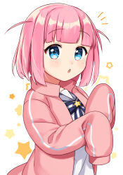 Rule 34 | 1girl, blue bow, blue eyes, blush, bocchi the rock!, borrowed character, bow, commentary request, dress, gotoh futari, grey sailor collar, highres, jacket, kawagami raito, long sleeves, looking at viewer, open clothes, open jacket, outline, parted lips, pink hair, pink jacket, puffy long sleeves, puffy sleeves, sailor collar, sailor dress, simple background, sleeves past fingers, sleeves past wrists, solo, star (symbol), starry background, striped, striped bow, track jacket, two side up, white background, white dress, white outline