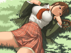 Rule 34 | 00s, 1girl, almost, artist request, breasts, brown eyes, brown hair, covered erect nipples, grass, jacket, konjiki no gash!!, large breasts, legs, long hair, lying, miniskirt, naughty face, necktie, nipples, oumi megumi, plaid, plaid skirt, school uniform, skirt, smile, solo, thighs