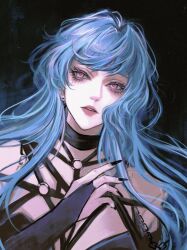 Rule 34 | 1girl, absurdres, bare shoulders, black choker, black sleeves, blue hair, bridal gauntlets, chain, chest harness, chinese commentary, choker, commentary, earrings, eyelashes, hamel (path to nowhere), harness, highres, jewelry, lips, long hair, looking at viewer, multicolored hair, parted lips, path to nowhere, pink eyes, single hair intake, solo, straight-on, streaked hair, upper body, wavy hair, yu zhezhe