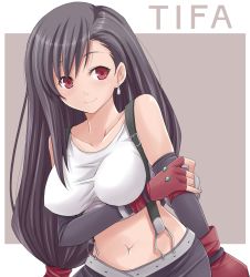 Rule 34 | 1990s (style), 1girl, amane hasuhito, bad id, bad pixiv id, black hair, blush, breast hold, breasts, character name, crossed arms, earrings, elbow gloves, final fantasy, final fantasy vii, fingerless gloves, gloves, jewelry, large breasts, long hair, low-tied long hair, navel, red eyes, retro artstyle, skirt, smile, suspender skirt, suspenders, tifa lockhart