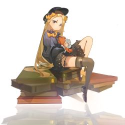 Rule 34 | 1girl, abigail williams (fate), black footwear, black thighhighs, blonde hair, book, book stack, bow, closed mouth, commentary request, eyebrows, eyelashes, fate/grand order, fate (series), forehead, frilled sleeves, frills, full body, hair bow, hat, highres, holding, knee up, long sleeves, looking at viewer, loose clothes, multiple hair bows, purple eyes, reflective floor, shoes, shuishi tidu, simple background, single thighhigh, sitting, solo, stuffed animal, stuffed toy, teddy bear, thighhighs, v-shaped eyebrows, white background