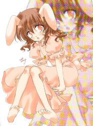 Rule 34 | 00s, 1girl, 2008, alternate hair length, alternate hairstyle, animal ears, barefoot, brown hair, carrot necklace, dress, eyebrows, female focus, frilled sleeves, frills, full body, hair between eyes, hyouzen katsura, inaba tewi, interlocked fingers, jewelry, long dress, long hair, looking to the side, necklace, pink dress, puffy short sleeves, puffy sleeves, rabbit ears, rabbit girl, rabbit tail, red eyes, short sleeves, signature, sitting, soles, solo, tail, touhou, wavy hair, zoom layer