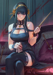 Rule 34 | 1girl, bare shoulders, black dress, black gloves, black hair, black thighhighs, blood, blood on wall, blush, breasts, cleaning, cleaning weapon, cleavage, closed mouth, couch, crossed legs, cushion, dagger, dress, fingerless gloves, flower, gesoking, gloves, gold hairband, hair flower, hair ornament, hairband, hand up, handkerchief, highres, holding, holding dagger, holding handkerchief, holding knife, holding towel, holding weapon, knife, large breasts, looking at viewer, off-shoulder dress, off shoulder, on couch, planted, planted knife, planted weapon, red eyes, rose, sitting, solo, spikes, spy x family, thighhighs, towel, weapon, yor briar, zettai ryouiki