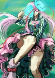 Rule 34 | 1girl, berabou, bow, bowtie, bubble skirt, hand fan, glowing, glowing eye, green background, hata no kokoro, highres, long sleeves, looking at viewer, noh mask, pink eyes, pink hair, plaid, plaid shirt, shirt, skirt, solo, string, touhou