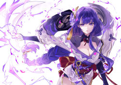 1girl absurdres braid breasts bridal_gauntlets electricity flower genshin_impact highres holding holding_sword holding_weapon japanese_clothes katana kimono large_breasts long_hair low-braided_long_hair low-tied_long_hair mole mole_under_eye nail_polish obi obiage obijime purple_eyes purple_flower purple_hair purple_kimono purple_nails raiden_shogun sash sword vardan very_long_hair weapon wide_sleeves