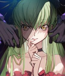 Rule 34 | breasts, c.c., cleavage, clenched hand, collarbone, creayus, dress, green hair, long bangs, long hair, looking at viewer, open mouth, red dress, small breasts, solo focus, veil, yellow eyes