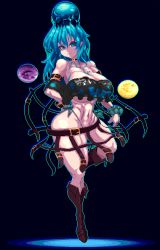 Rule 34 | 1girl, black background, black footwear, black shirt, blue eyes, blue hair, boots, breasts, cleavage, closed mouth, clothes writing, full body, hecatia lapislazuli, hecatia lapislazuli (earth), large breasts, looking at viewer, medium hair, mmmmatimmmmati, moon (ornament), off-shoulder shirt, off shoulder, one-hour drawing challenge, shirt, simple background, smile, solo, standing, standing on one leg, touhou, underboob