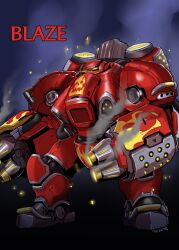 Rule 34 | arm mounted weapon, armor, blaze (starcraft), character name, clenched hand, embers, flame print, flamethrower, gegegekman, glowing, glowing eyes, glowing weapon, heroes of the storm, highres, joints, mecha, mecha focus, power armor, red armor, robot, robot joints, science fiction, signature, simple background, skull print, smoke, starcraft, terran, weapon, yellow eyes