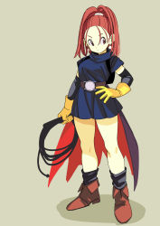 Rule 34 | 1girl, absurdres, barbara (dq6), belt, breasts, cape, closed mouth, dragon quest, dragon quest vi, earrings, elbow gloves, full body, gloves, hand on own hip, high ponytail, highres, holding, holding whip, jewelry, long hair, looking to the side, ponytail, red hair, rokoido12, solo, standing, whip, yellow gloves