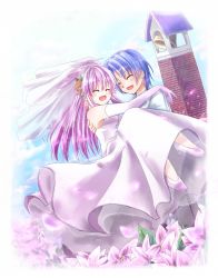 Rule 34 | 10s, 1boy, 1girl, angel beats!, bad id, bad pixiv id, bare shoulders, bell, blush, bridal veil, bride, carrying, dress, elbow gloves, closed eyes, flower, gloves, hair flower, hair ornament, highres, hinata hideki, long hair, miyanonnon, open mouth, pink flower, pink rose, princess carry, red flower, red rose, rose, smile, veil, wedding dress, white flower, white rose, yui (angel beats!)