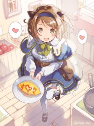 Rule 34 | 10s, 1girl, :d, bad id, bad pixiv id, bag, breasts, brown eyes, brown hair, child, draph, dress, food, granblue fantasy, heart, horns, looking at viewer, omelet, omurice, open mouth, oppai loli, plate, pointy ears, sketch, smile, solo, spoken heart, thighhighs, twitter username, white thighhighs, yaia (granblue fantasy), yumekui