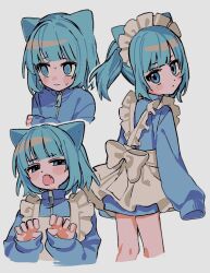 Rule 34 | 1girl, @ @, animal ears, apron, averting eyes, bad id, bad twitter id, blue eyes, blue hair, blue jacket, blunt bangs, blush, cat ears, claw pose, closed mouth, cropped legs, cropped torso, embarrassed, fang, frilled apron, frills, grey background, hands up, highres, inactive account, jacket, jersey maid, long sleeves, looking at viewer, looking back, maid, maid headdress, multiple views, nervous sweating, open mouth, original, short hair, simple background, sleeves past fingers, sleeves past wrists, standing, sweat, track jacket, turtleneck, turtleneck jacket, twintails, umipi, unconventional maid, white apron