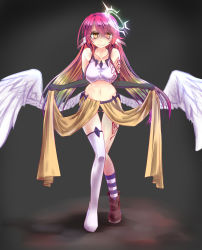 Rule 34 | 1girl, angel wings, asymmetrical legwear, breasts, commentary request, spiked halo, crop top, cross, evil grin, evil smile, feathered wings, gloves, gradient hair, grin, halo, highres, jibril (no game no life), kiryu264, large breasts, long hair, low wings, magic circle, midriff, mismatched legwear, multicolored hair, navel, no game no life, pink hair, shoes, single shoe, smile, solo, standing, symbol-shaped pupils, tattoo, very long hair, white wings, wing ears, wings, yellow eyes