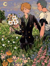 Rule 34 | 2boys, arm grab, blonde hair, cigarette, field, flower, flower field, formal, green hair, highres, looking at another, makenevemoiine, male focus, moon, multiple boys, one piece, outdoors, roronoa zoro, sanji (one piece), short sleeves, suit