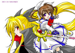 Rule 34 | 00s, 2005, 2girls, blonde hair, blush, bow, brown hair, cape, dated, fate testarossa, fingerless gloves, gloves, hair ribbon, long hair, looking at viewer, lyrical nanoha, magazine (weapon), magical girl, mahou shoujo lyrical nanoha, mahou shoujo lyrical nanoha a&#039;s, minazoi kuina, multiple girls, profile, purple eyes, raising heart, red bow, red eyes, red hair, ribbon, simple background, smile, standing, standing on one leg, takamachi nanoha, twintails, uniform, very long hair